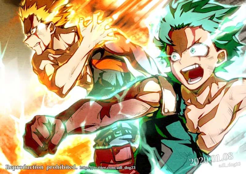 Gambar Deku dan Bakugo dalam adegan dari My Hero Academia Season 2