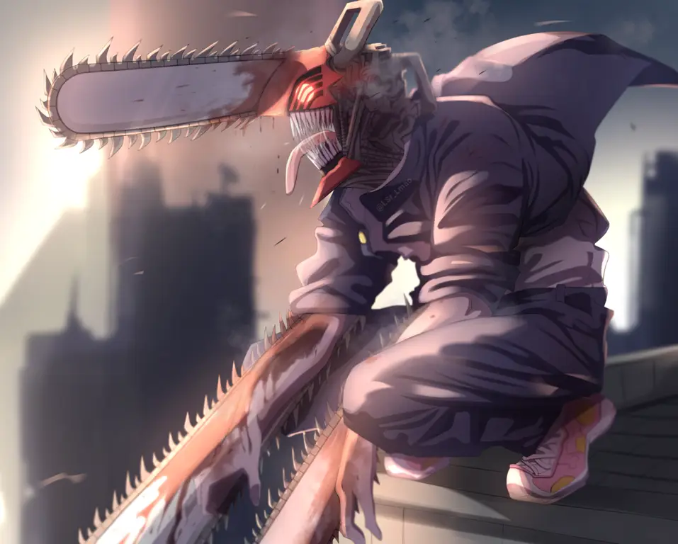 Gambar yang menampilkan Denji dan Power, dua karakter utama dalam Chainsaw Man