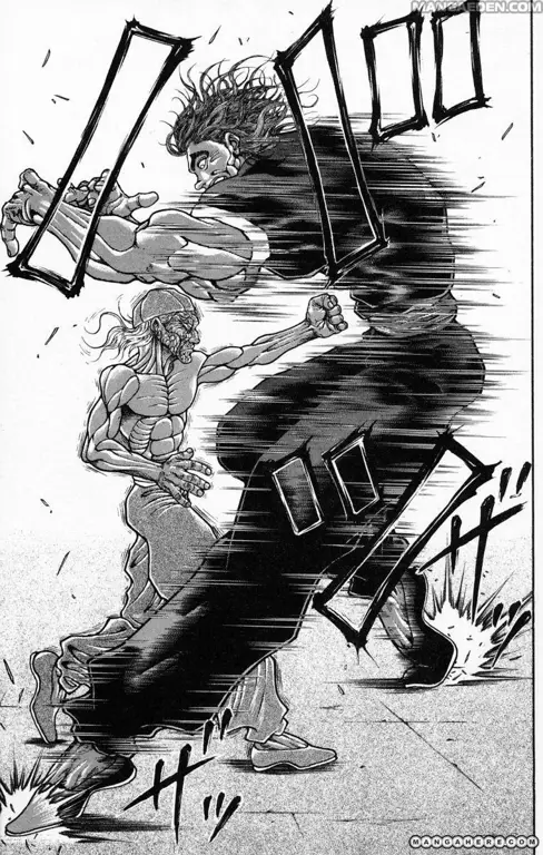 Panel manga Baki yang menampilkan pertarungan intens dan detail anatomi tubuh.