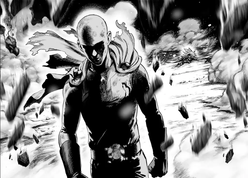 Panel-panel manga One Punch Man yang menunjukkan detail artwork yang kaya