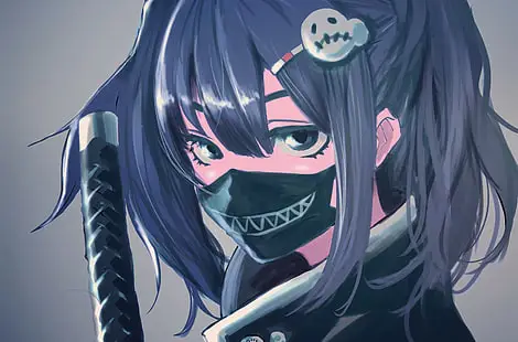 Gambar close-up karakter anime yang memakai masker