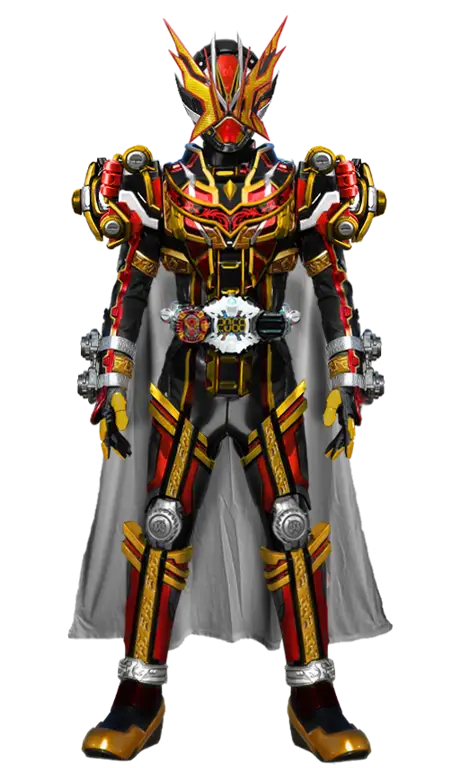 Detail kostum Kamen Rider Geiz Majesty, menampilkan ornamen dan desain yang rumit