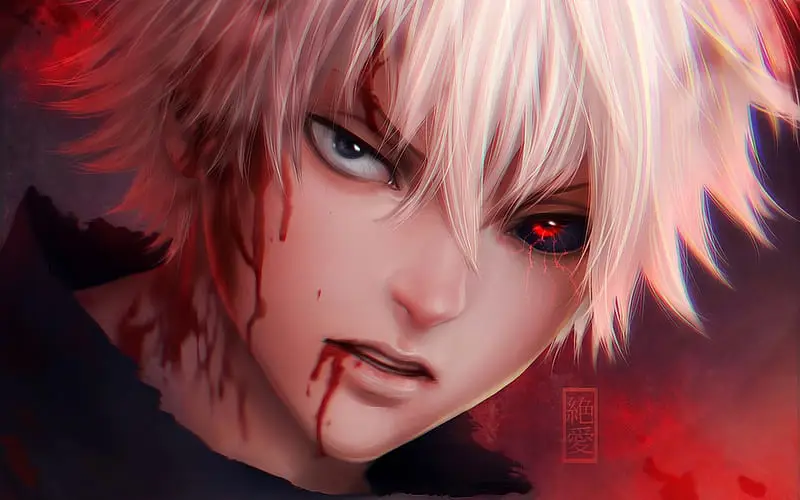 Detail mata Kaneki Ken yang tajam dan ekspresif