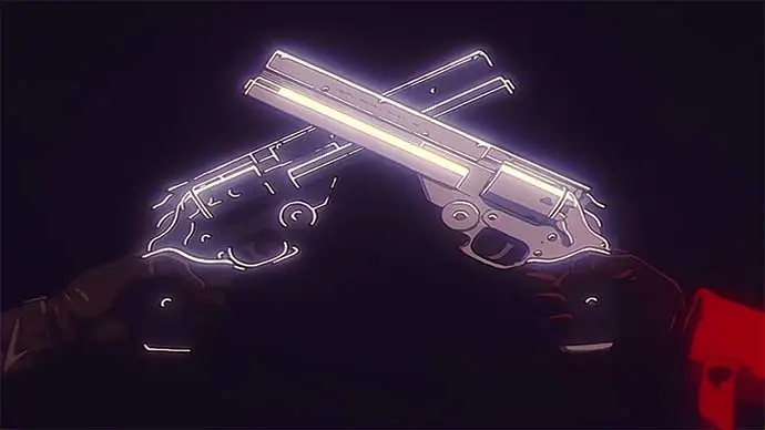 Gambar close-up dari pistol anime yang mendetail, menunjukkan kualitas seni dan desainnya.