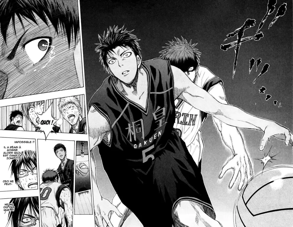 Gambar panel-panel manga Kuroko no Basuke yang menampilkan pertandingan basket detail