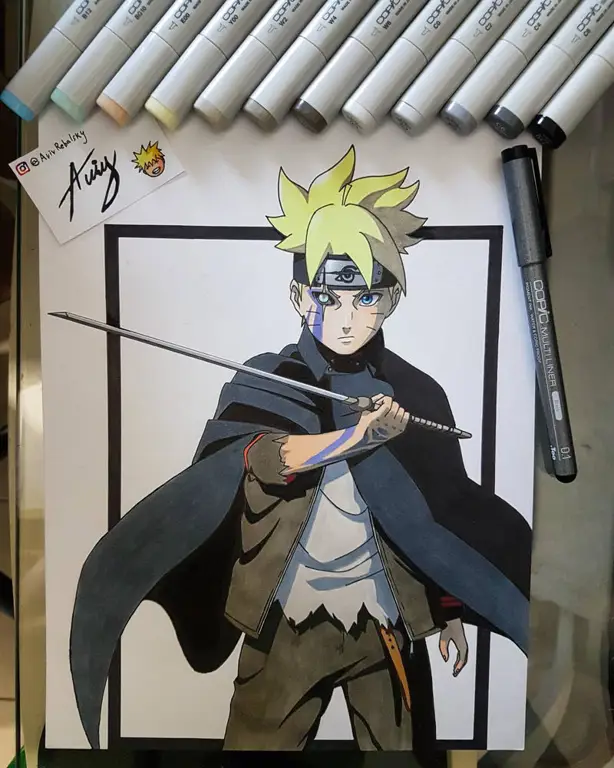 Sketsa wajah Boruto dari dekat dengan detail yang tajam