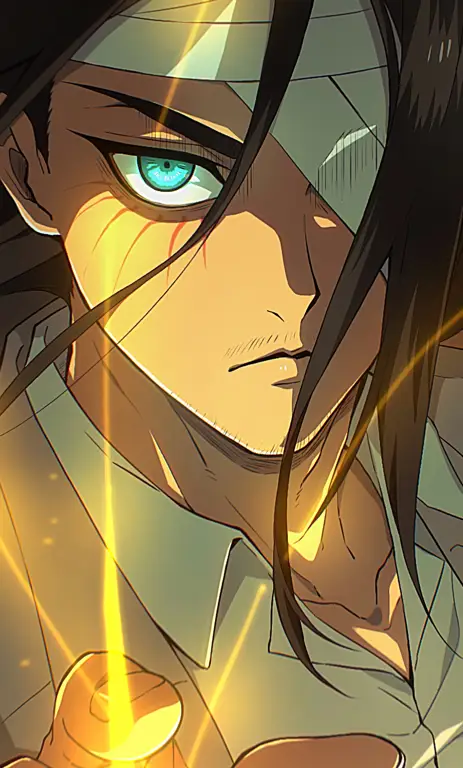 Gambar close-up Eren Yeager sebagai Titan Serangan