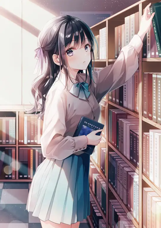 Gambar seorang gadis anime di perpustakaan yang dikelilingi buku-buku