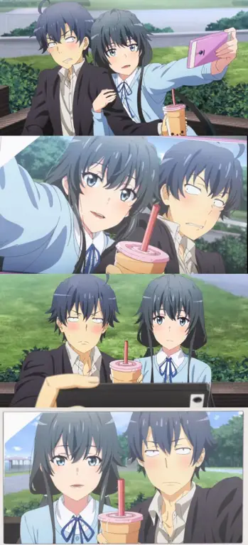 Gambar interaksi Yukino, Yui, dan Hachiman dalam Oregairu