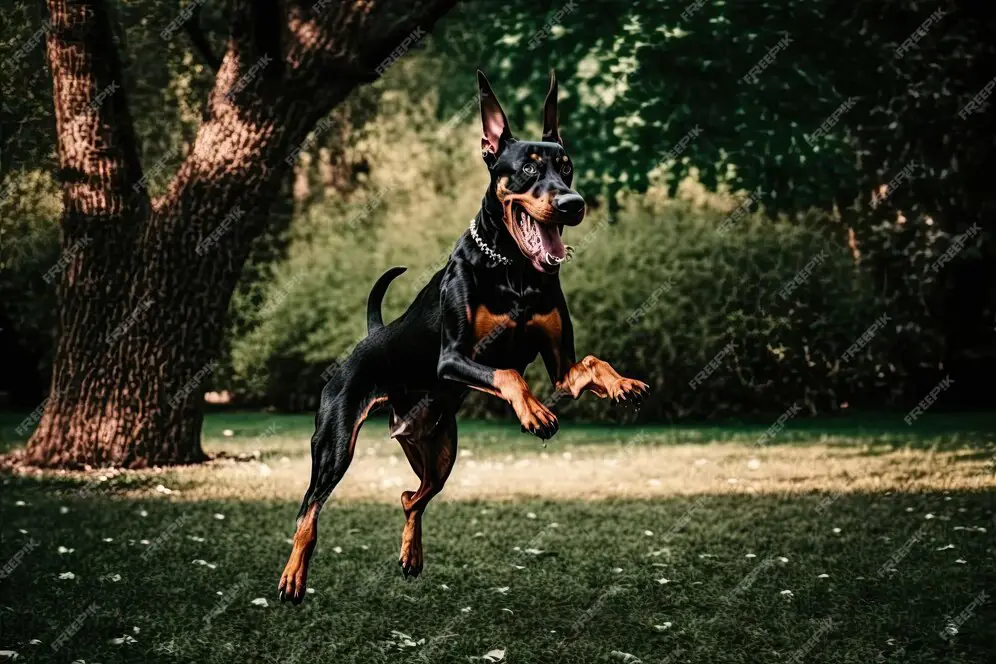 Doberman bermain lempar tangkap dengan penuh semangat