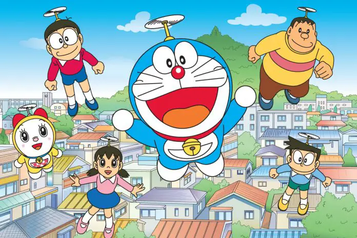 Gambar Doraemon sedang menonton televisi.