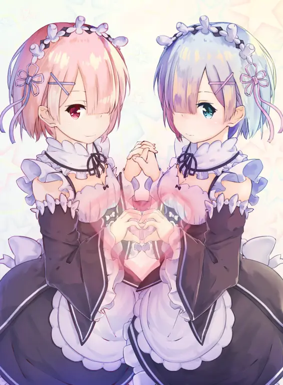 Dua karakter pendukung populer dari Re:Zero, Rem dan Ram Gambar Rem dan Ram dari anime Re:Zero