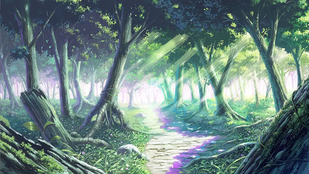 Pemandangan hutan fantasi yang magis dalam anime