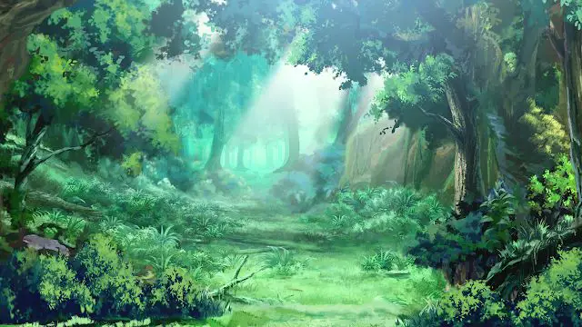 Pemandangan hutan magis dalam anime