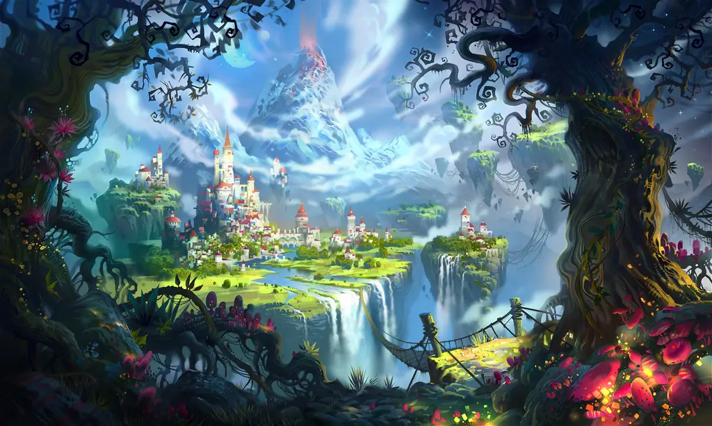 Pemandangan dunia fantasi yang indah dalam anime