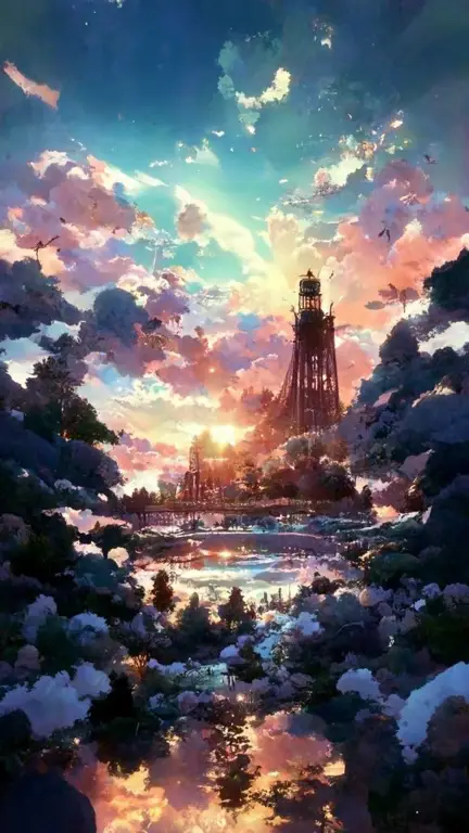 Pemandangan fantasi yang indah dari anime Seirei Gensouki