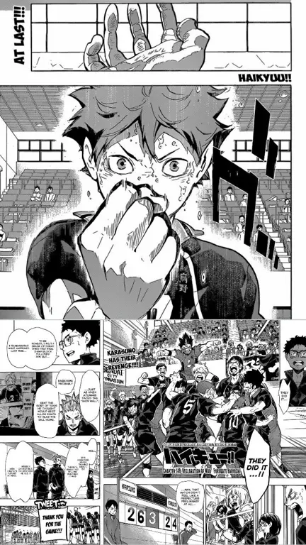 Gambar panel manga dari chapter 323 Haikyuu!! yang menampilkan ekspresi dan emosi para karakter.