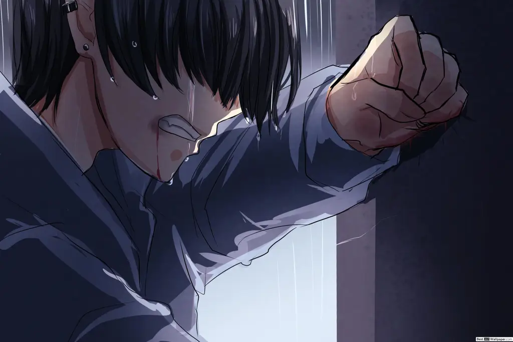Ekspresi emosional karakter dalam film Gambar seorang anak laki-laki sedih dari anime