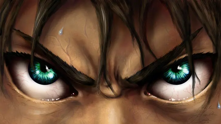 Gambar close-up Eren Yeager yang menunjukkan ekspresi serius dan tegang.