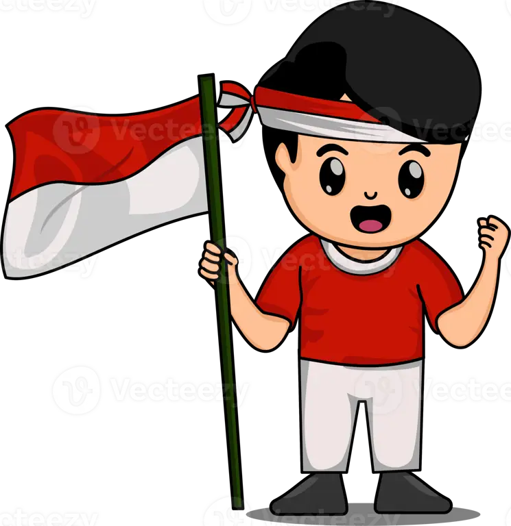 Karakter anime memegang bendera Indonesia dengan bangga