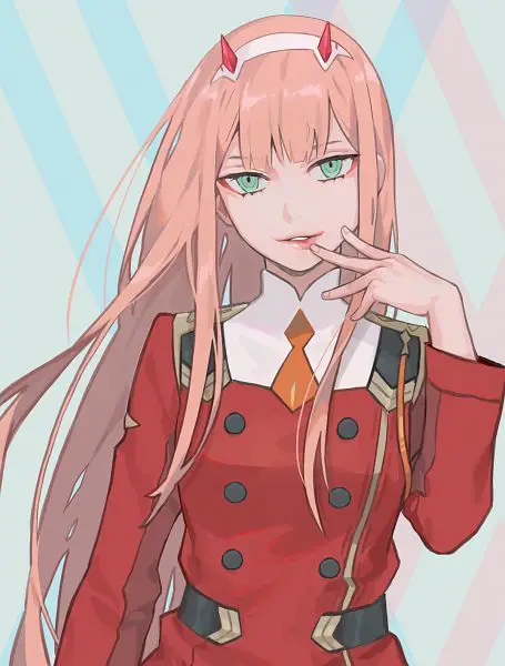 Gambar close-up wajah Zero Two dari Darling in the Franxx