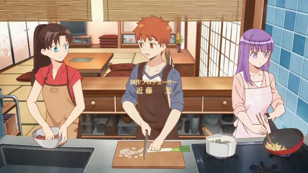 Emiya Shirou sedang memasak di dapur