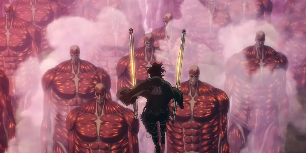 Gambar yang menampilkan adegan penutup dari Attack on Titan Season 3.