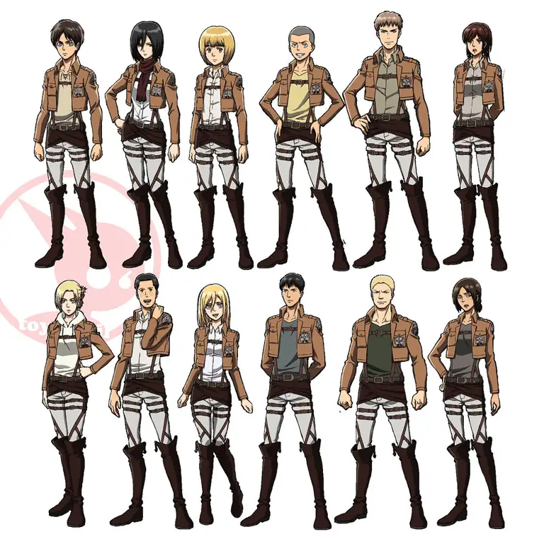 Eren, Mikasa, dan Armin dalam petualangan mereka Karakter-karakter utama dalam anime Attack on Titan