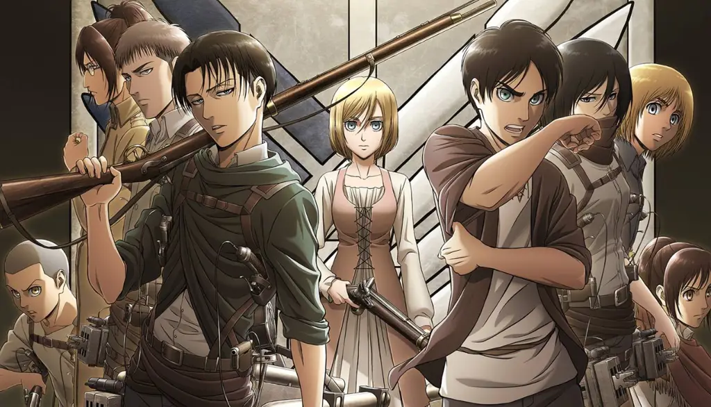 Gambar Eren, Mikasa, dan Armin dari Attack on Titan Season 1