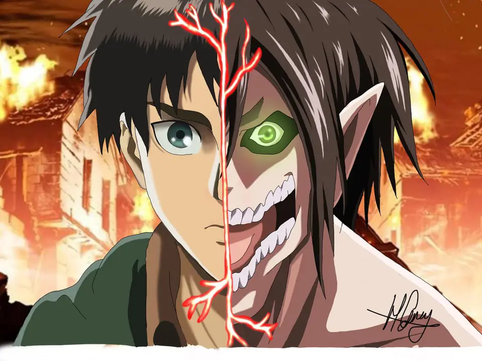 Gambar Eren Yeager dari Attack on Titan Season 3 Part 2, menunjukan ekspresi wajah yang serius dan penuh determinasi.