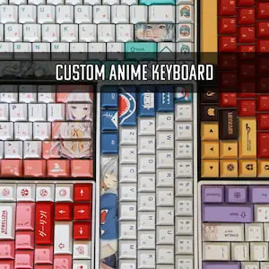 Gambar keyboard dengan gaya anime, fokus pada kode