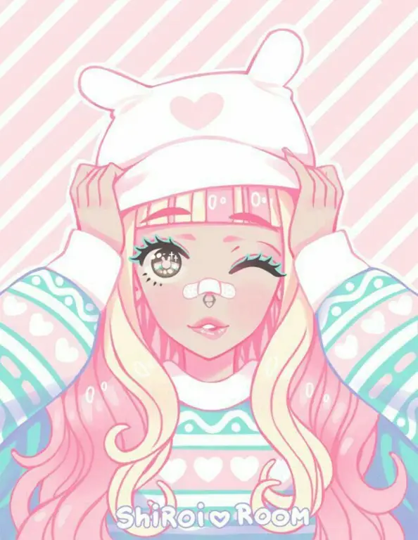 Gambar yang menampilkan estetika kawaii, dengan warna-warna pastel dan karakter-karakter imut.