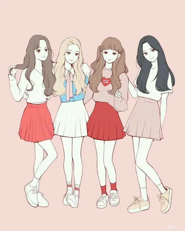 Gambar anime empat sahabat perempuan dengan gaya aesthetic dan warna-warna pastel