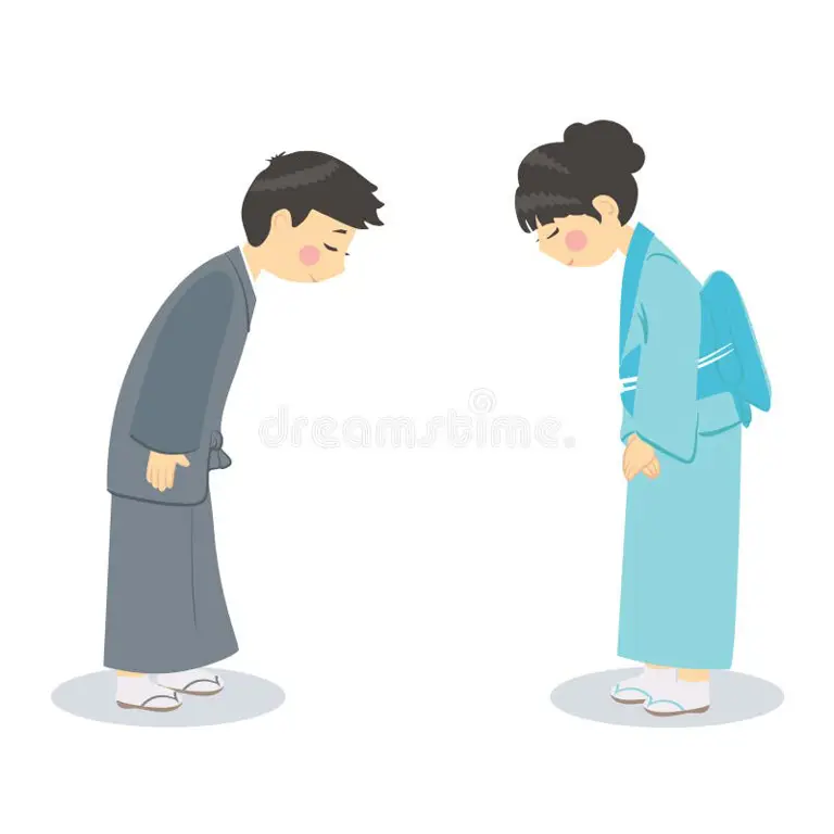 Ilustrasi cara membungkuk dengan sopan dalam budaya Jepang