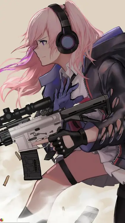 Gambar seorang gadis anime dengan senapan runduk, sedang bersiap menembak