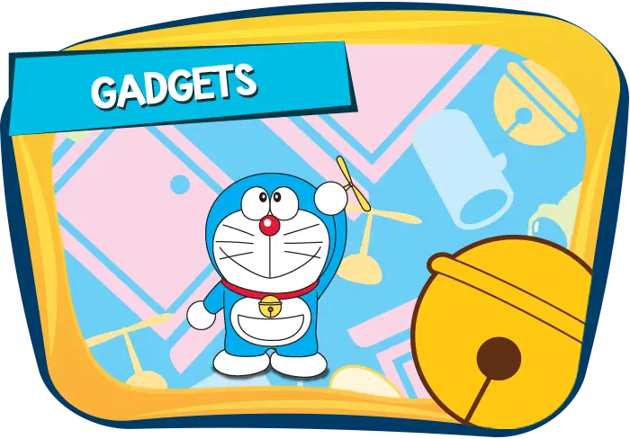 Gambar berbagai gadget Doraemon seperti pintu kemana saja dan lampu tidur