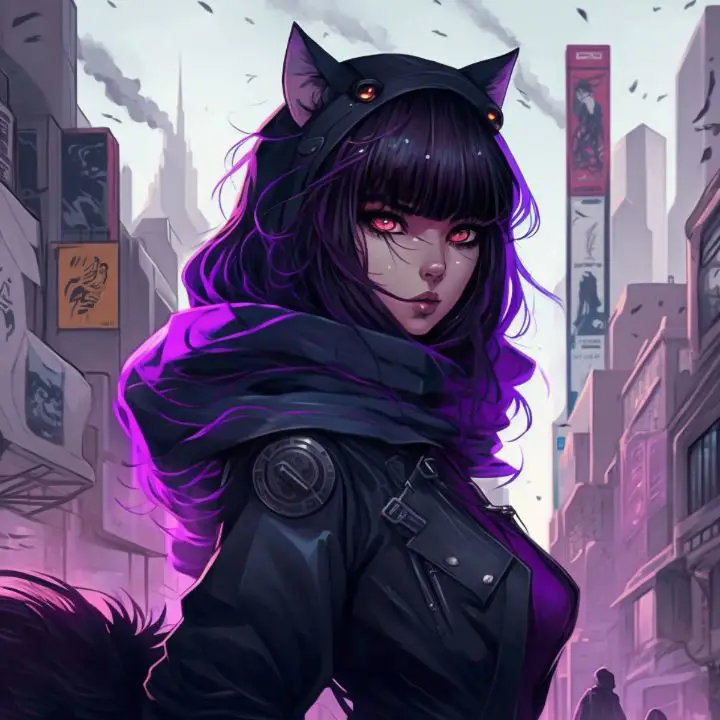 Gambar seorang gadis anime dengan gaya cyberpunk yang gelap