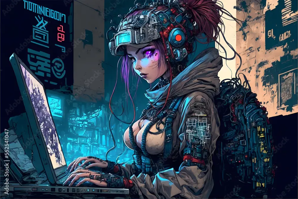 Ilustrasi gadis anime bergaya cyberpunk