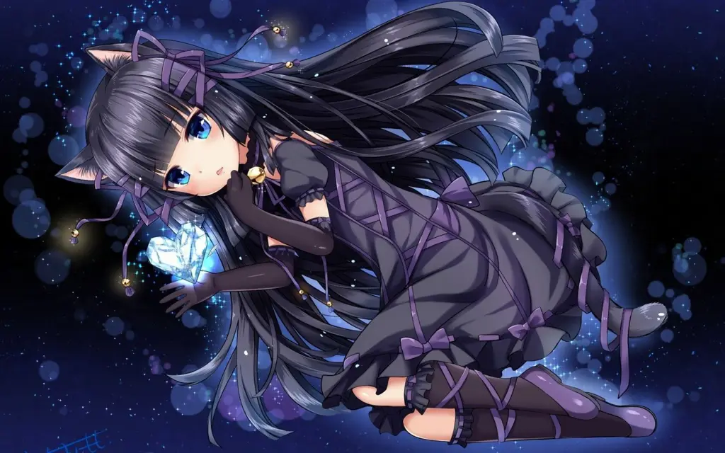 Ilustrasi gadis anime berambut hitam dengan telinga kucing