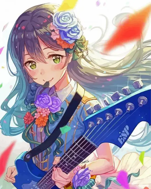 Ilustrasi gadis anime dengan gitar elektrik, warna-warna cerah