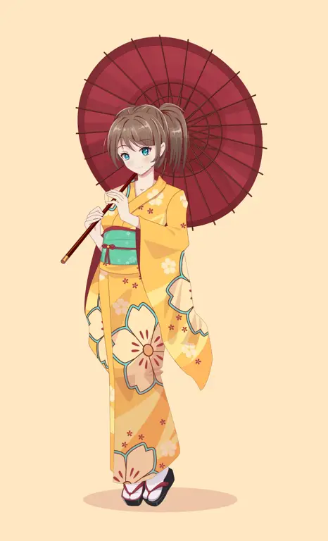 Ilustrasi gadis anime mengenakan kimono modern