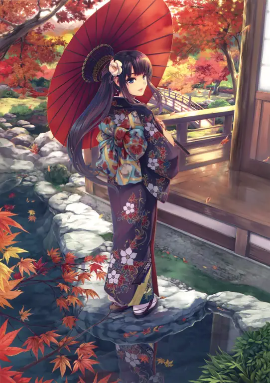 Ilustrasi anime gadis dengan kimono tradisional Jepang