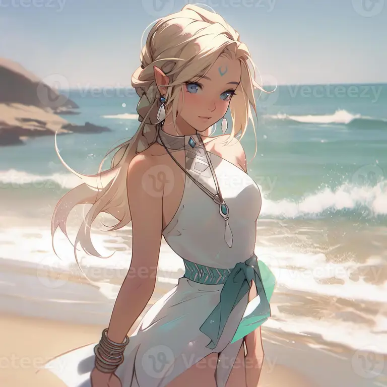 Ilustrasi gadis anime berbikini di pantai