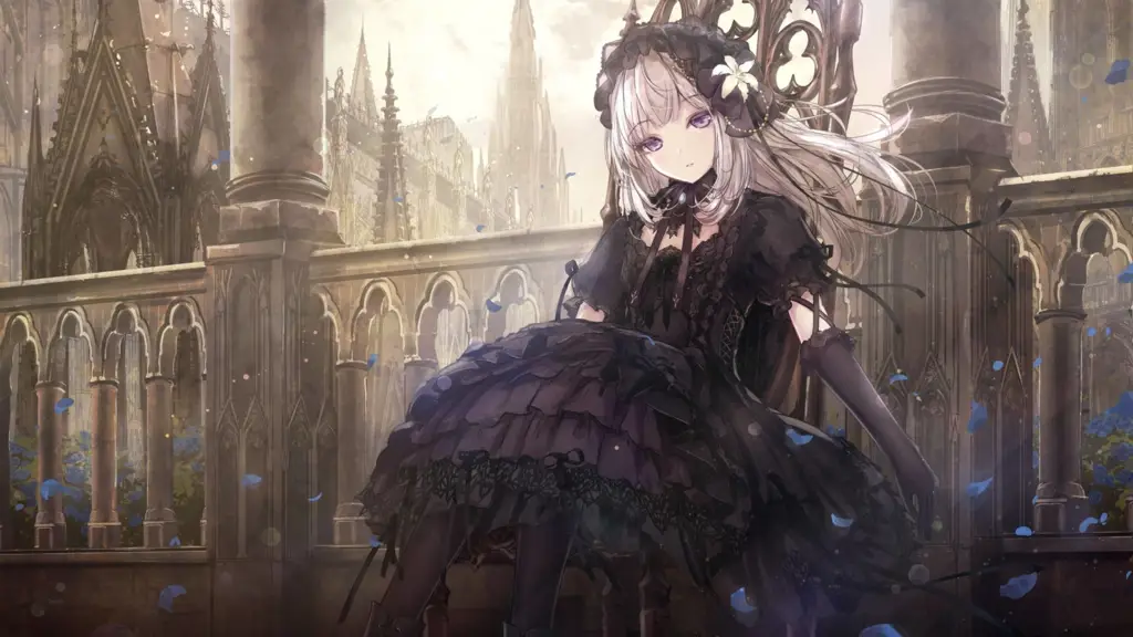 Gambar seorang gadis anime dengan gaya gothic lolita yang gelap