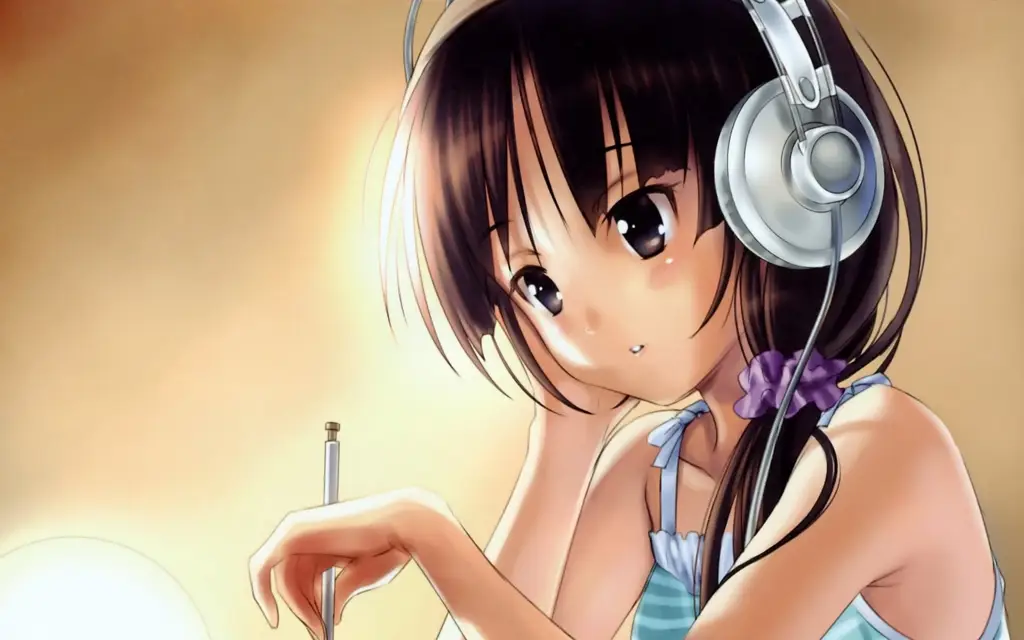 Gambar seorang gadis anime yang sedang mendengarkan musik dengan headphone