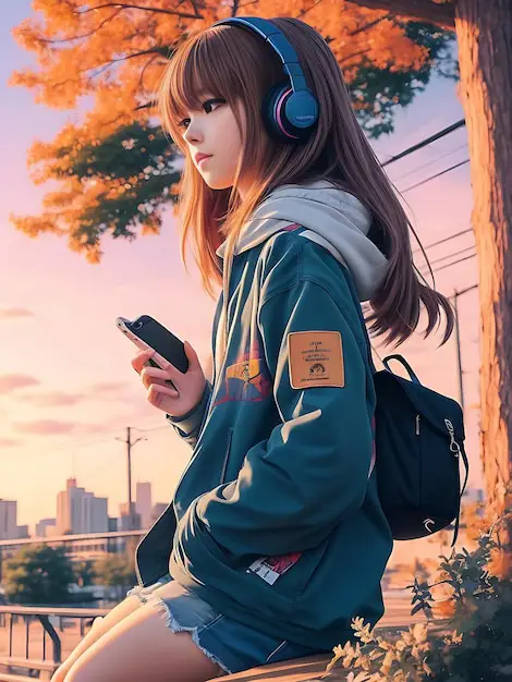 Ilustrasi gadis anime yang sedang mendengarkan musik dengan headphone