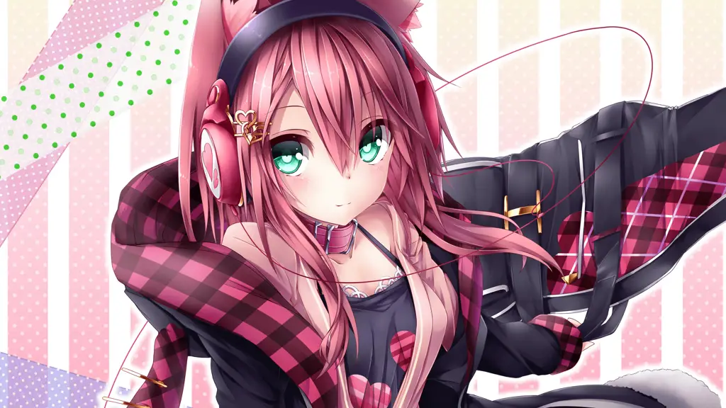 Gadis anime sedang mendengarkan musik Gadis anime dengan headphone
