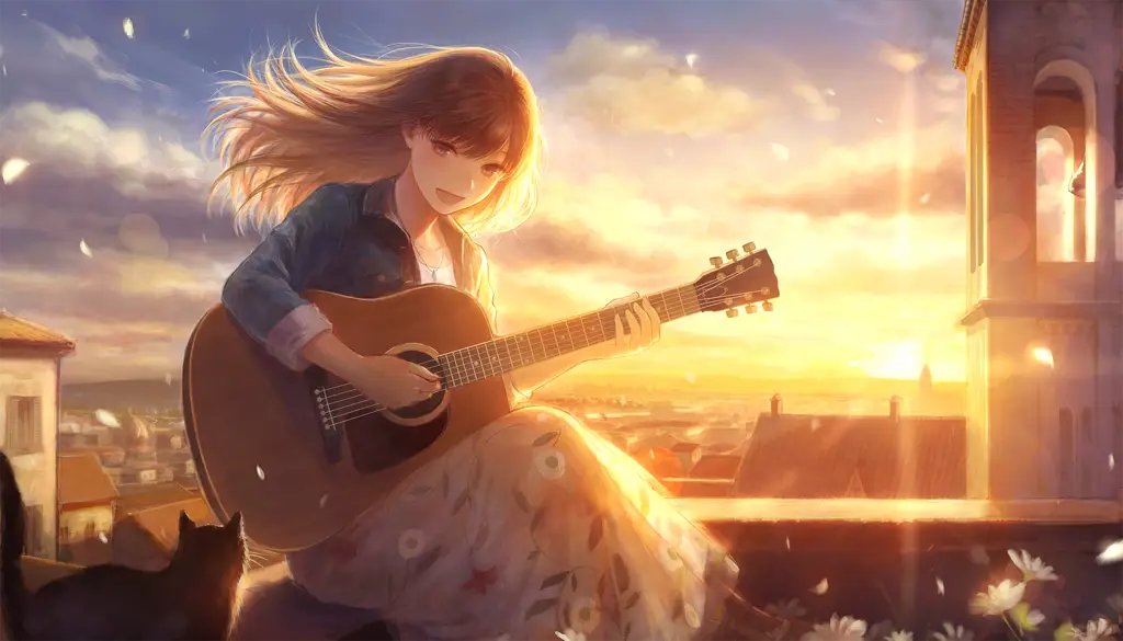 Ilustrasi gadis anime dengan gitar, suasana melankolis