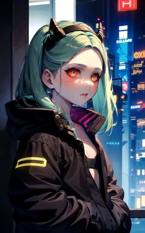 Ilustrasi gadis anime dengan gaya cyberpunk dan senjata