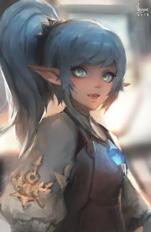 Ilustrasi gadis dark elf anime dengan rambut ungu